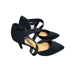 Solanz Neal Pointed Toe Pump Women 8M Black Excellent Crisscross Strappy Heel